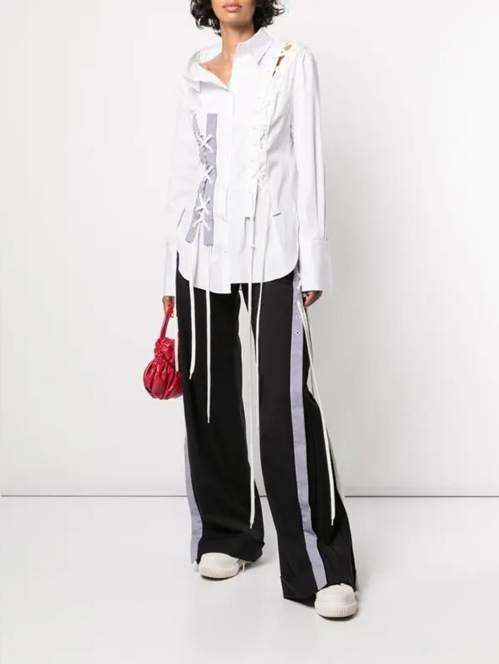 MONSE Crooked Lace Up Detail Cotton Button Down Shirt White US 10 Org $1,495
